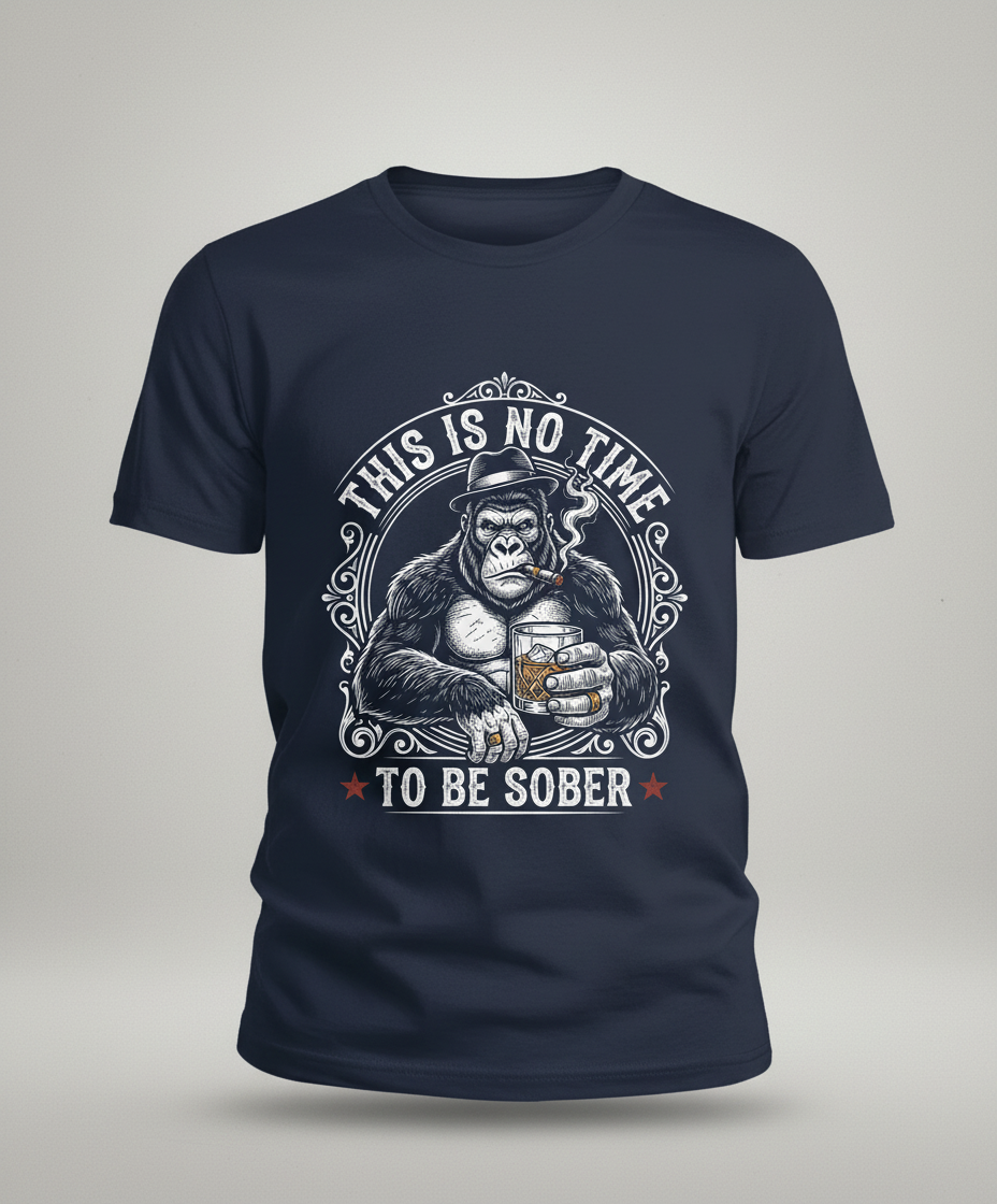Gorilla Smoking Cigar Drinking Whiskey - This Is No Time To Be Sober T-Shirt - Navy