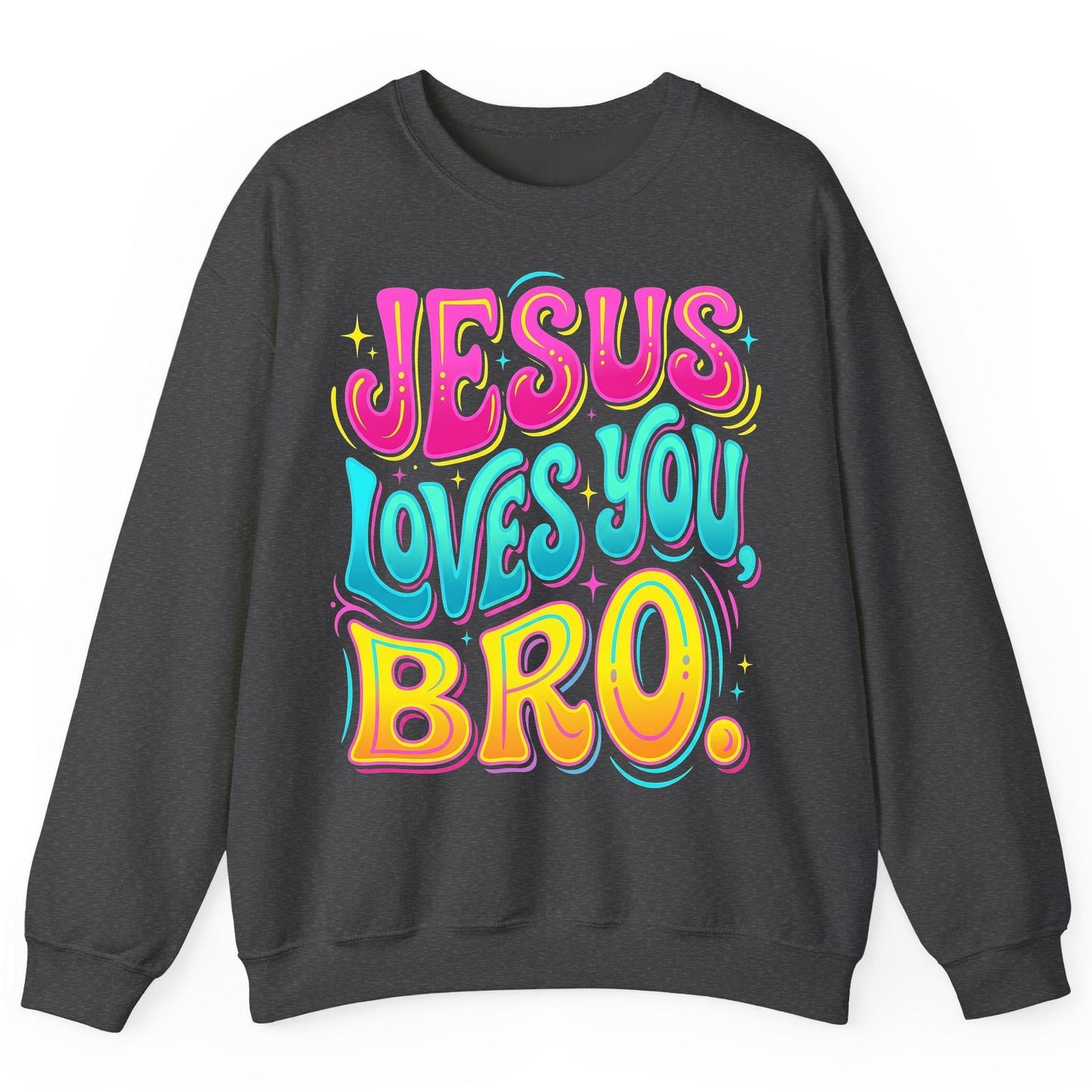 JESUS LOVES YOU BRO Retro Christian Sweatshirt - product mockup - Dark Heather