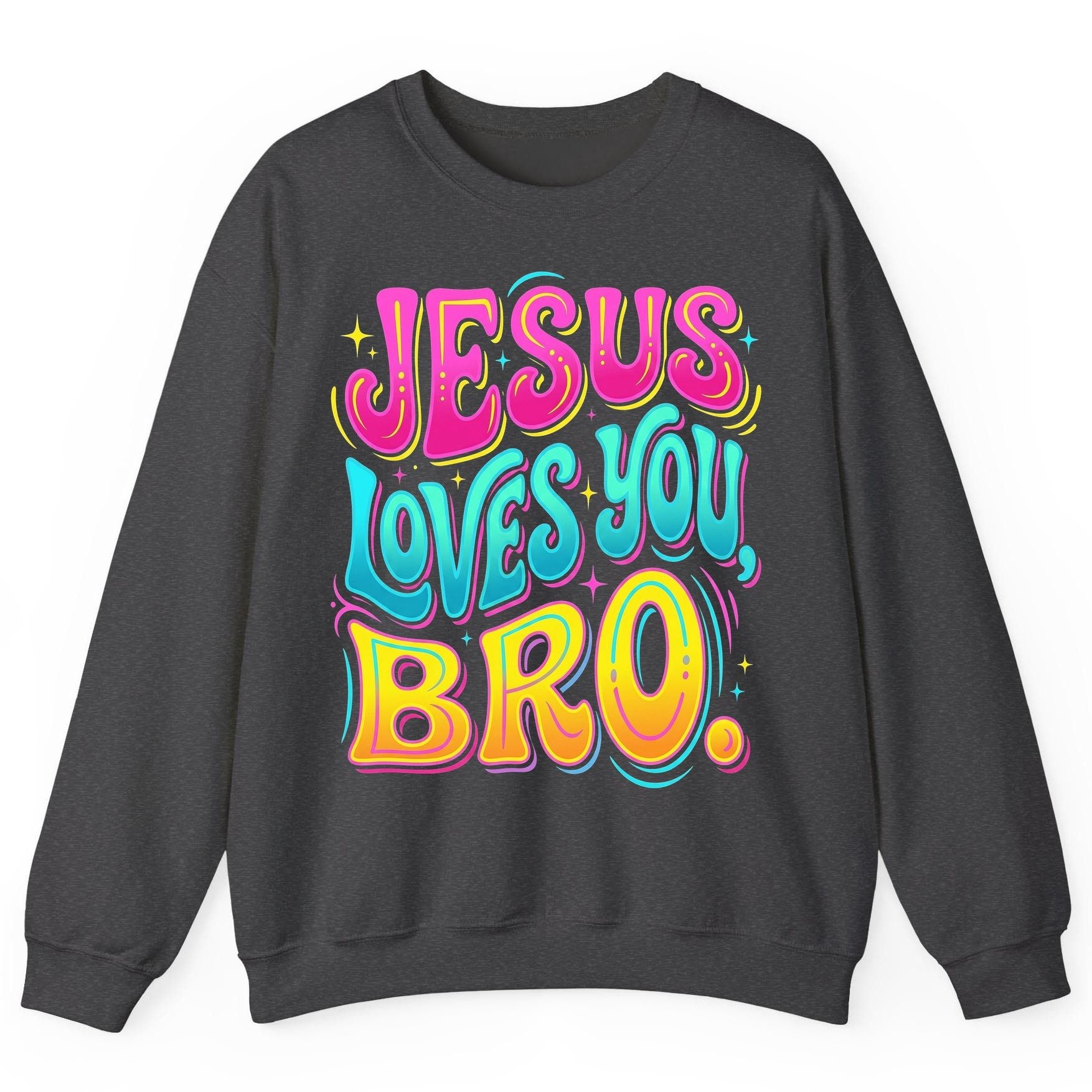JESUS LOVES YOU BRO Retro Christian Sweatshirt - product mockup - Dark Heather