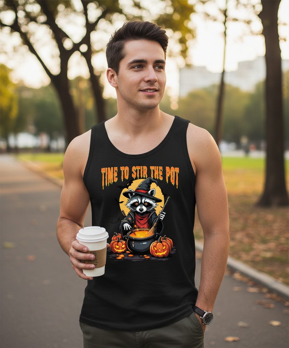 Time to Stir the Pot Halloween raccoon Tank Top Black lifestyle mockup