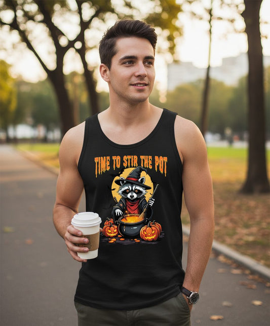 Time to Stir the Pot Halloween raccoon Tank Top Black lifestyle mockup