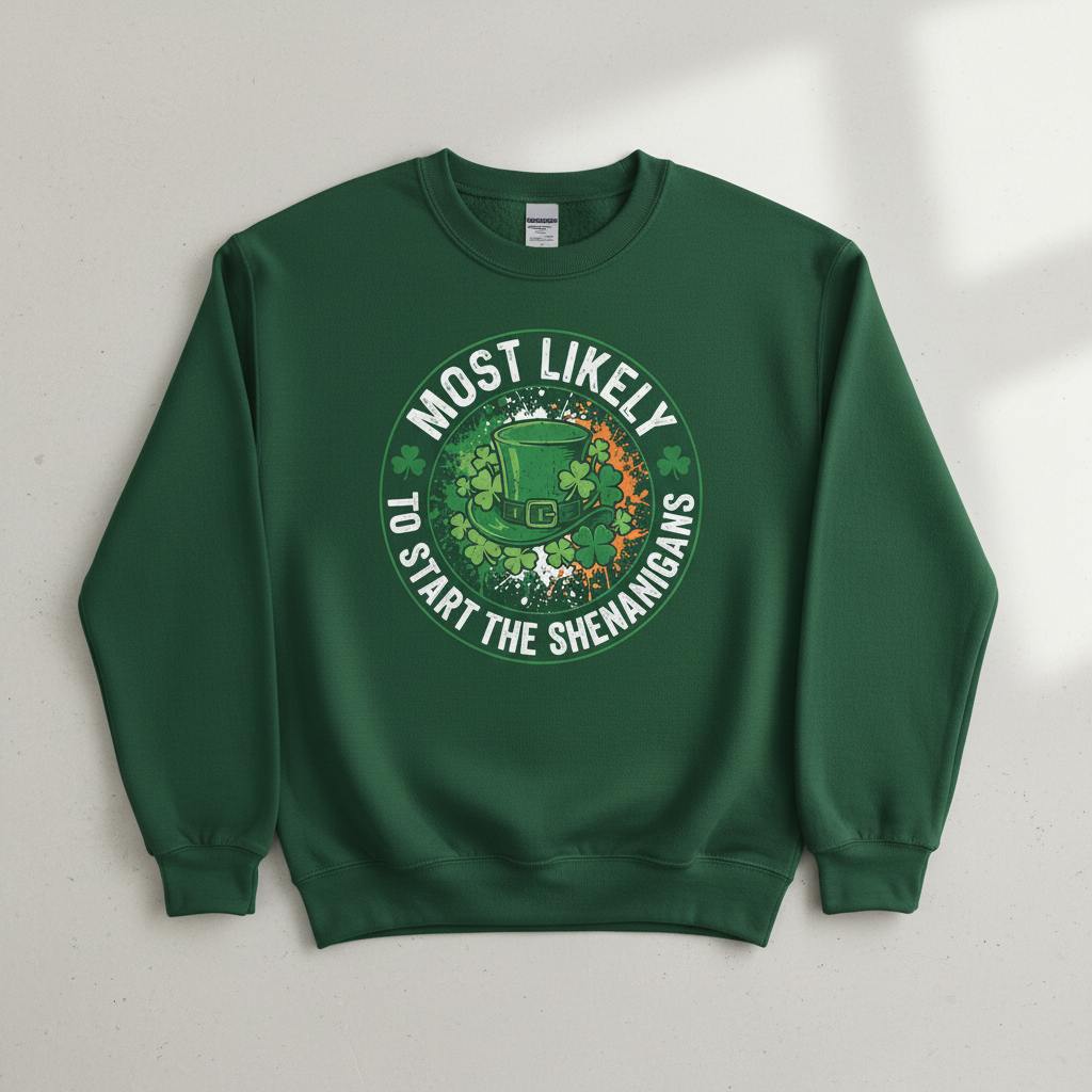 Most Likely To Start The Shenanigans St. Patrick's Day Design Sweatshirt - Forest Green