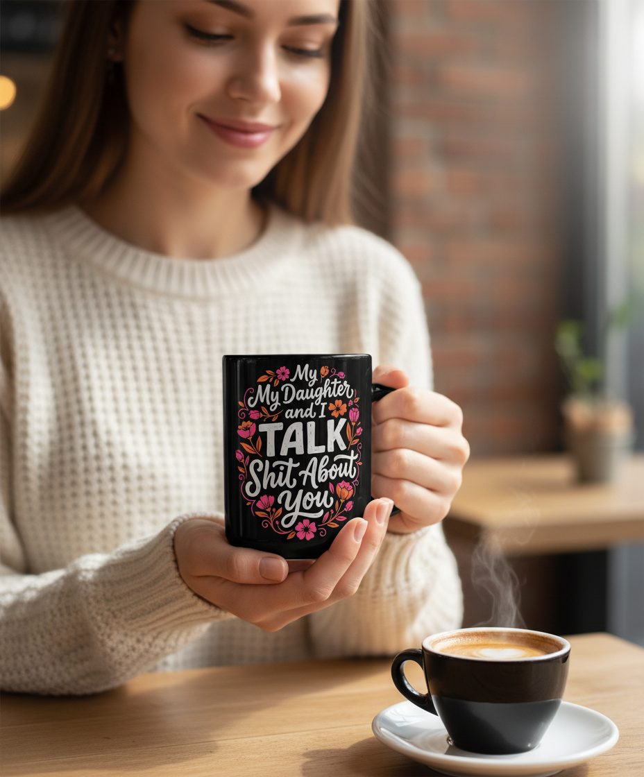 My Daughter and I TALK Shit About You Funny Mother Black Mug - lifestyle model mockup - Black