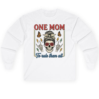 ONE MOM to Rule Them All Funny Skull Long Sleeve Tee - product mockup - White