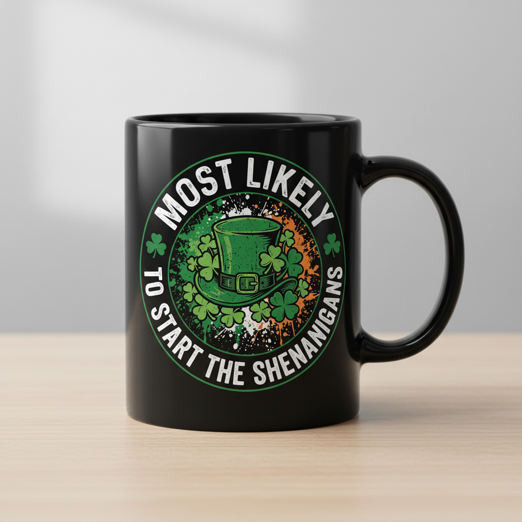 Most Likely To Start The Shenanigans St. Patrick's Day Design Black Mug - Black