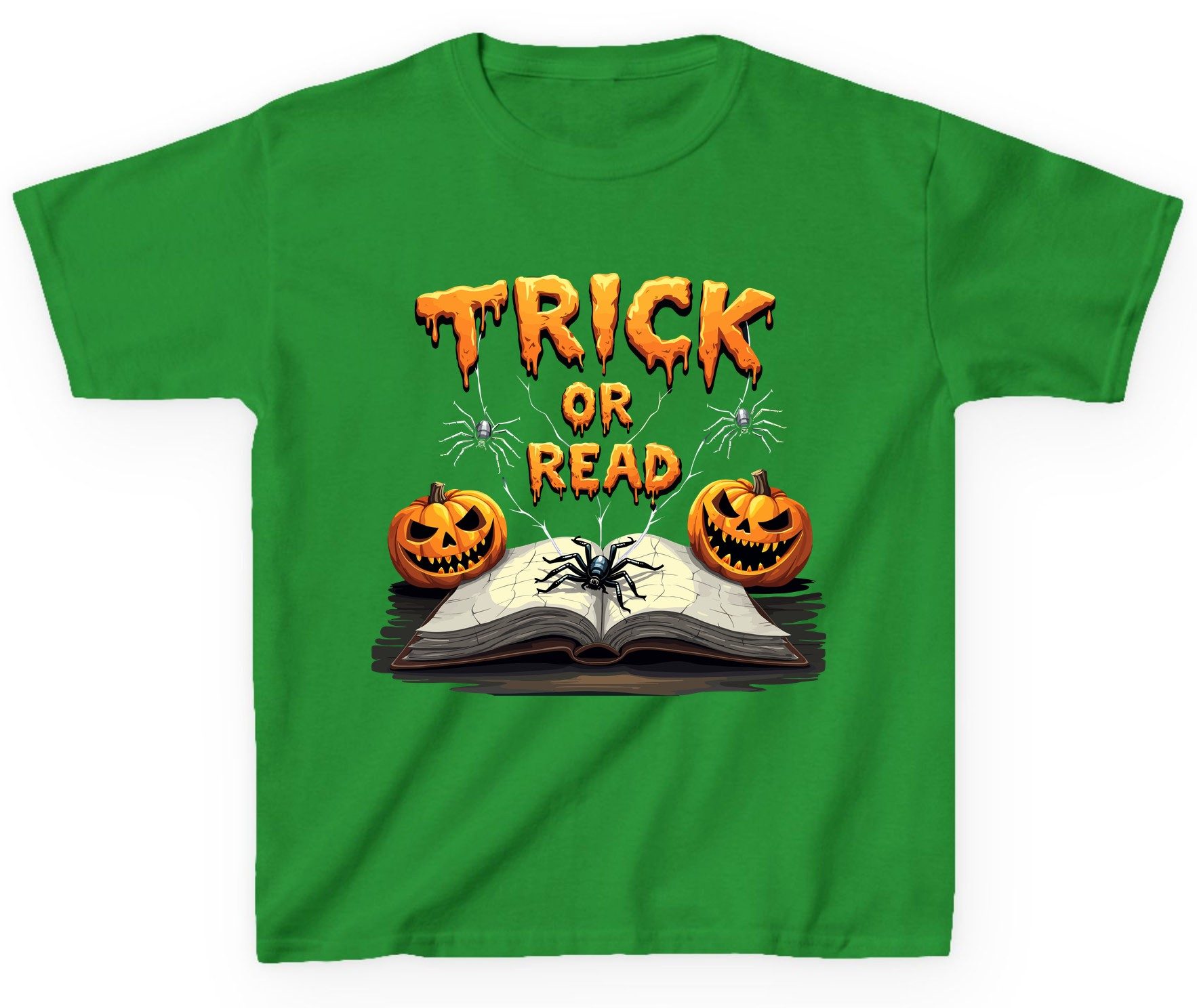 Trick or Read Halloween reading Youth T-Shirt Irish Green product mockup