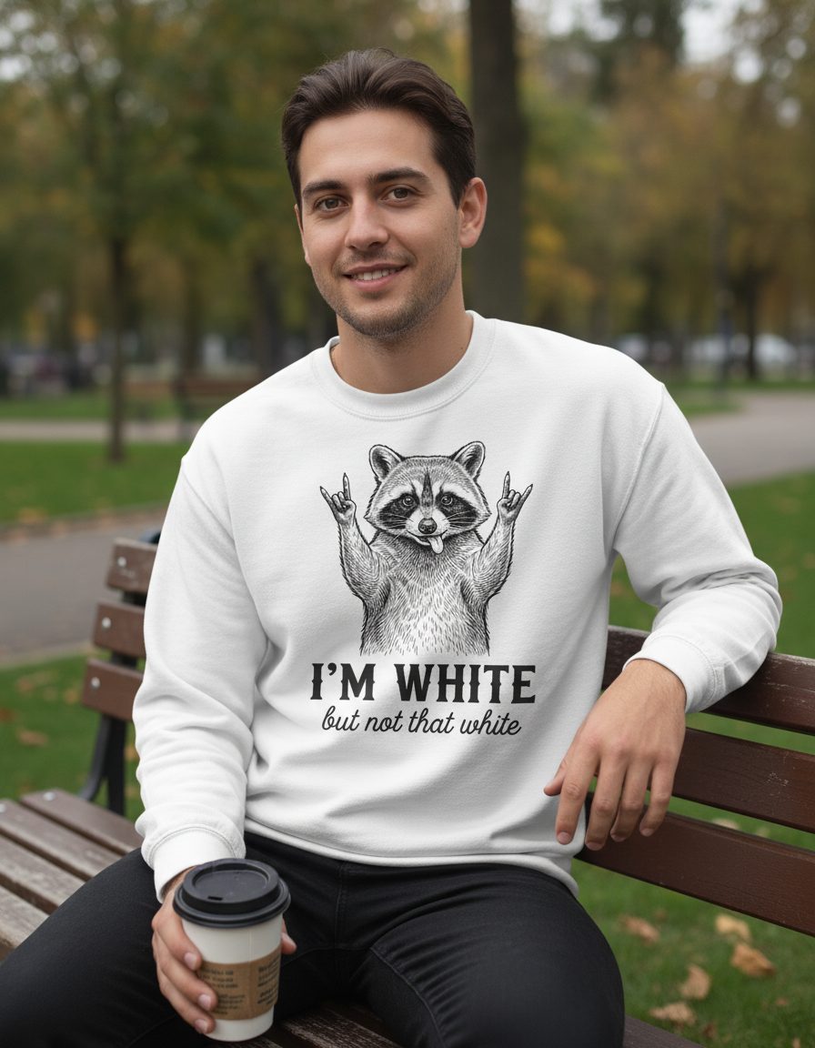 I'M WHITE but Not That White Funny Raccoon Sweatshirt - lifestyle model mockup - White