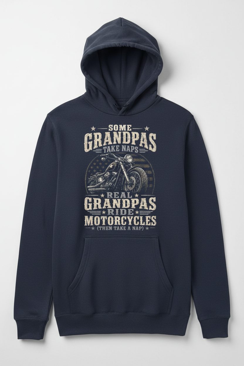 Some Grandpas Take Naps Real Grandpas Ride Motorcycles (then Take a Nap) Funny Detailed Illustration of Classic Motorcycle with Distressed Texture in the Background Is Subtle Weathered American Flag Pattern Stars and Stripes Hoodie - product mockup - Navy