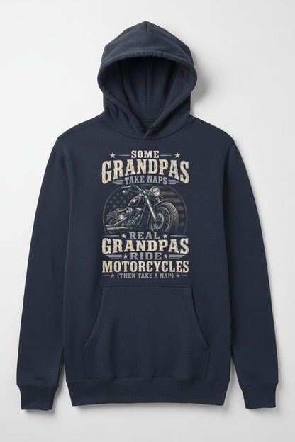 Some Grandpas Take Naps Real Grandpas Ride Motorcycles (then Take a Nap) Funny Detailed Illustration of Classic Motorcycle with Distressed Texture in the Background Is Subtle Weathered American Flag Pattern Stars and Stripes Hoodie - product mockup - Navy