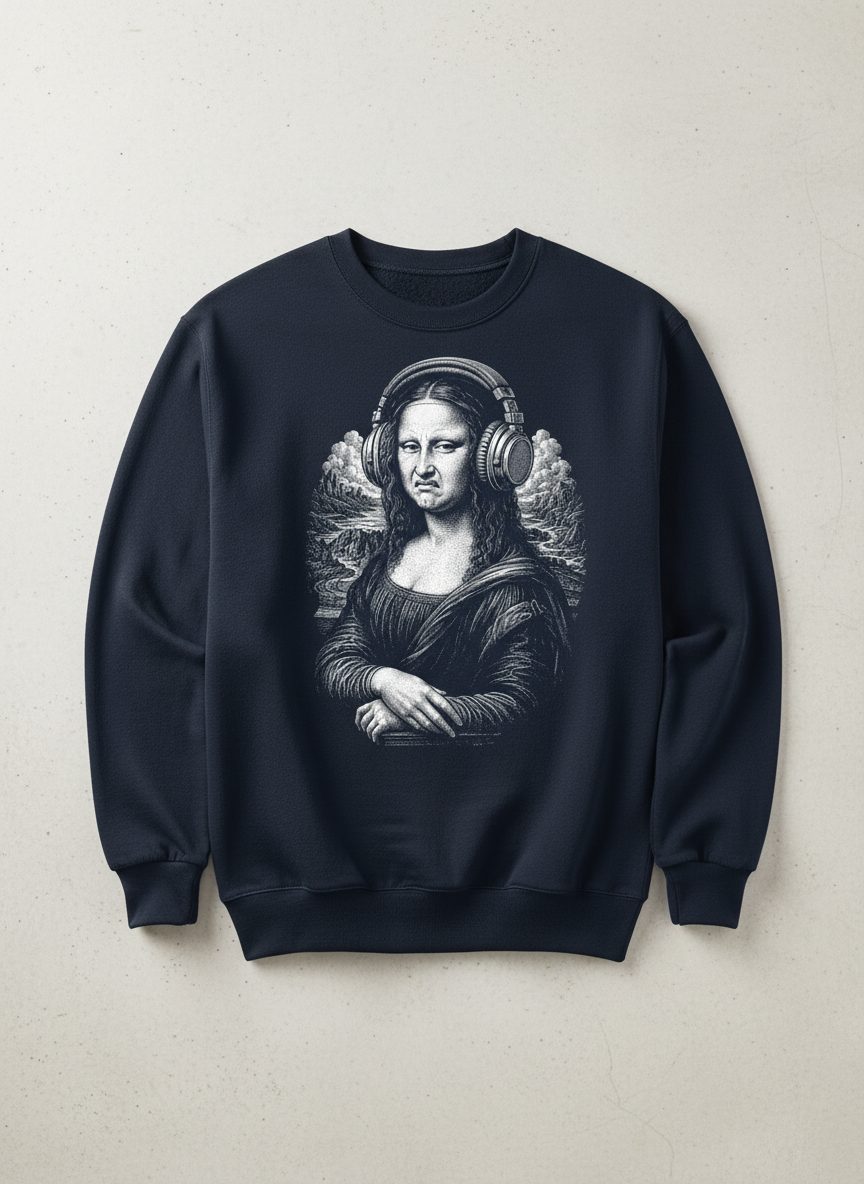 Disgusted Mona Lisa Headphones Funny Art Parody Sweatshirt - product mockup - Navy
