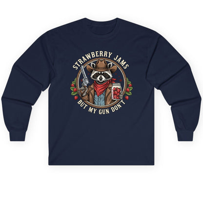 Strawberry Jams but My Gun Don't cowboy raccoon Long Sleeve Tee Navy product mockup