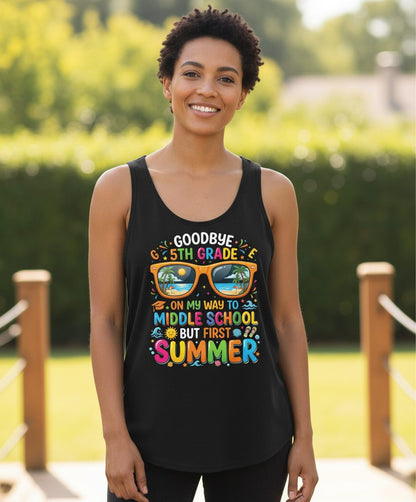 Goodbye 5th Grade on My Way to Middle School but First Summer Tank Top - lifestyle model mockup - Black