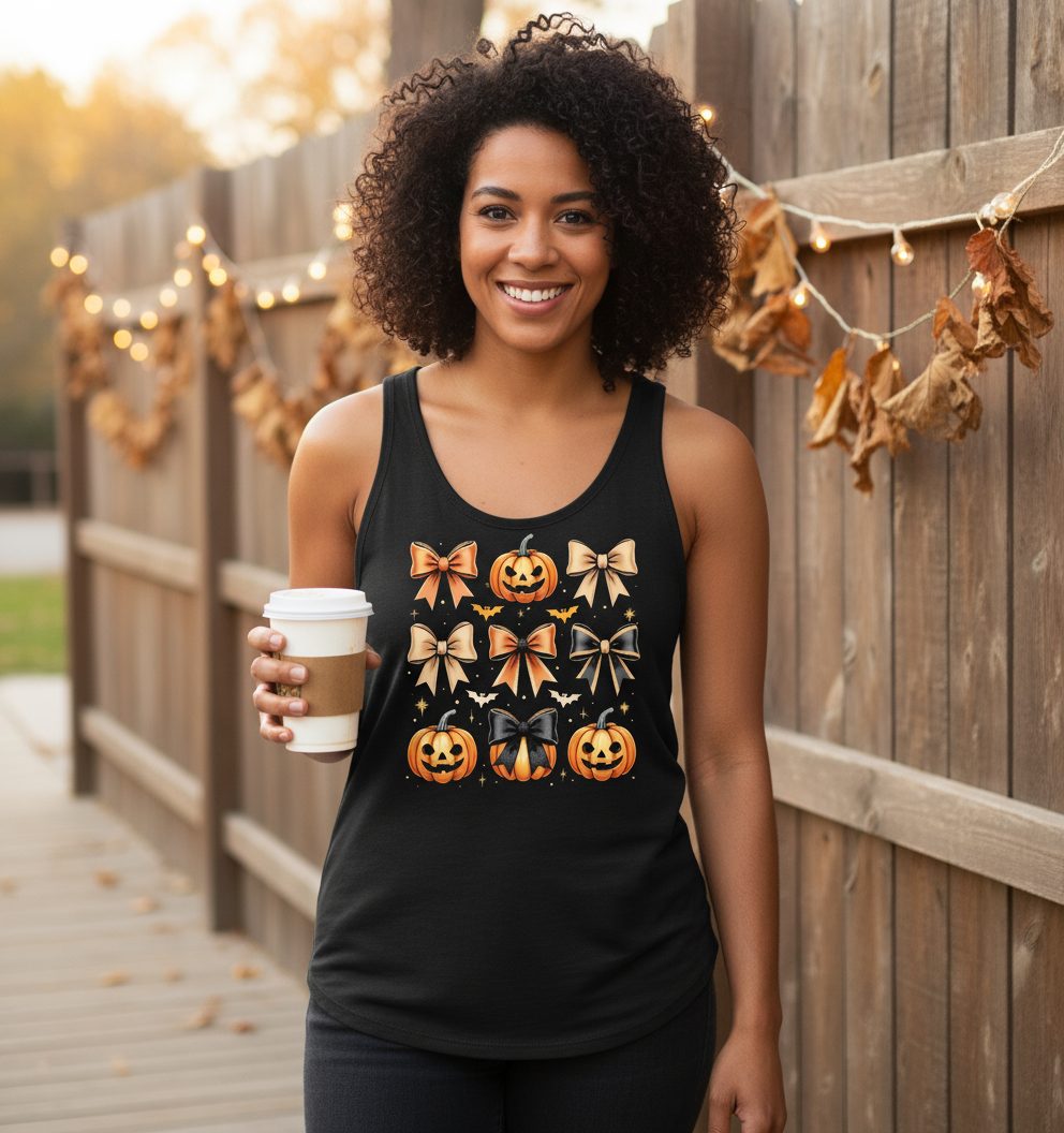 Cute Halloween Pumpkins and Bows Halloween Tank Top Black lifestyle mockup