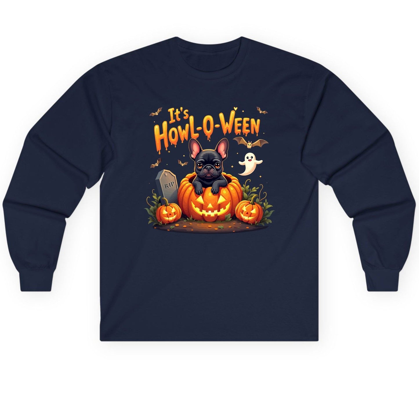 It's Howl-O-Ween french bulldog Long Sleeve Tee Navy product mockup
