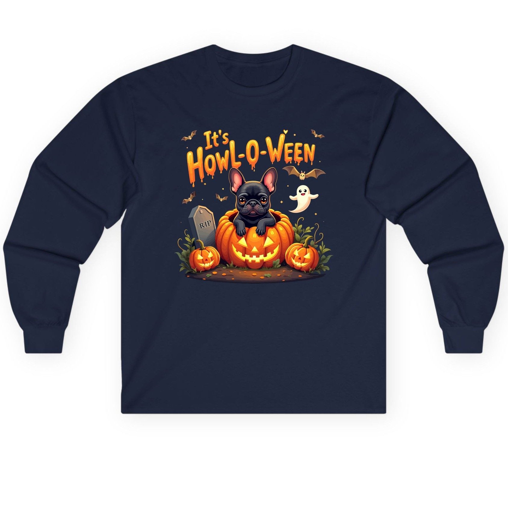 It's Howl-O-Ween french bulldog Long Sleeve Tee Navy product mockup