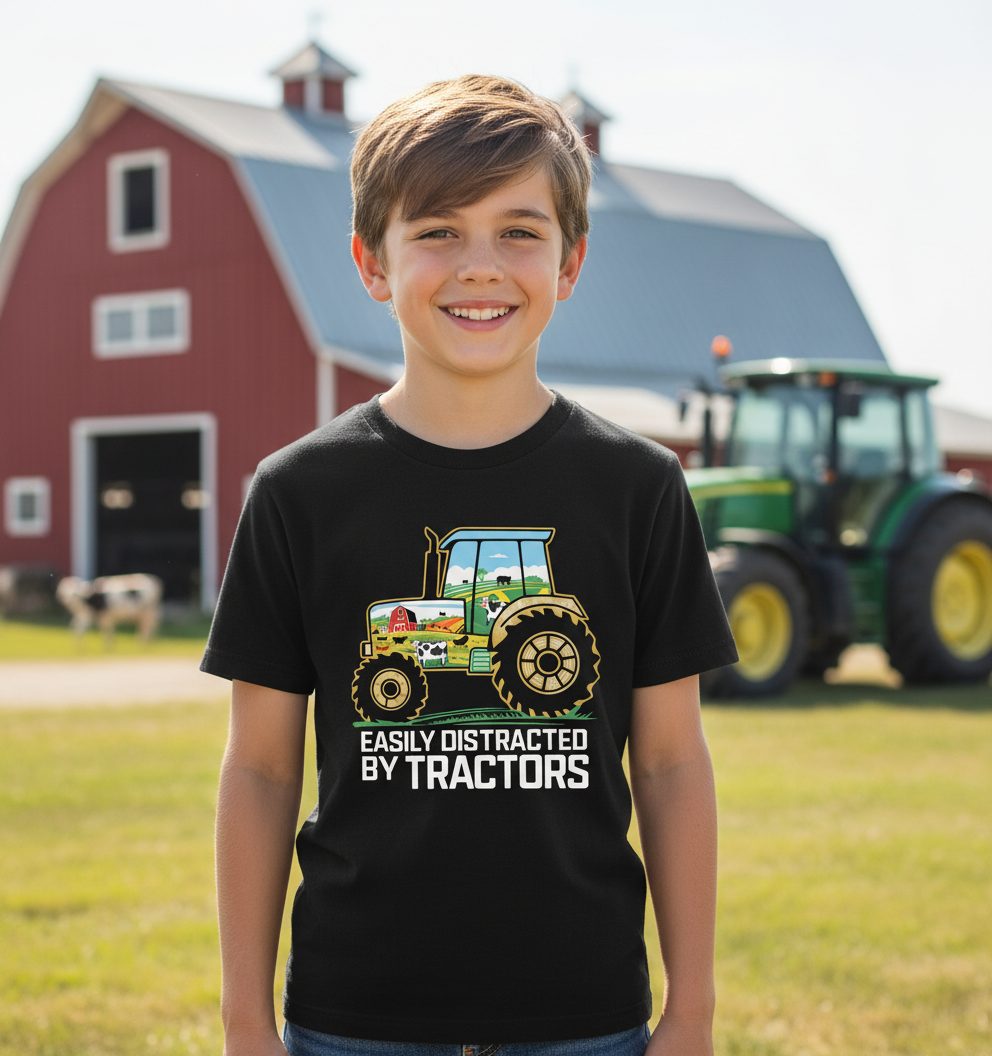 Easily Distracted by Tractors farming Youth T-Shirt Black lifestyle mockup
