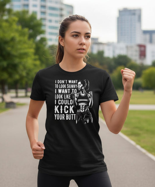 I Don't Want to Look Skinny I Want to Look Like I Could Kick Your Butt women's fitness Youth T-Shirt Black lifestyle mockup