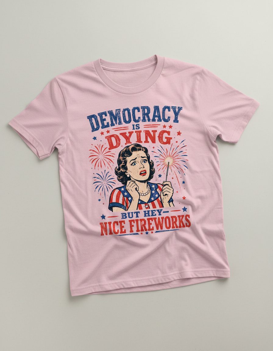 Democracy Is Dying but Hey Nice Fireworks T-Shirt - product mockup - Light Pink