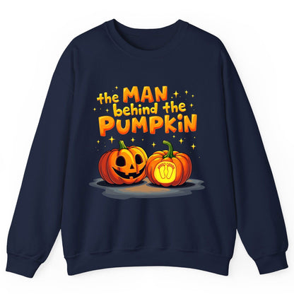 The Man Behind the Pumpkin Halloween pregnancy announcement Sweatshirt Navy product mockup
