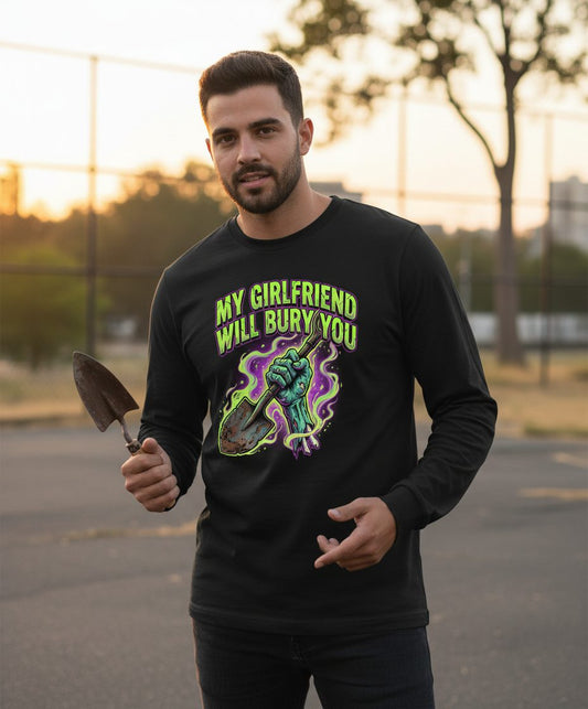 My Girlfriend Will Bury You zombie Long Sleeve Tee Black lifestyle mockup