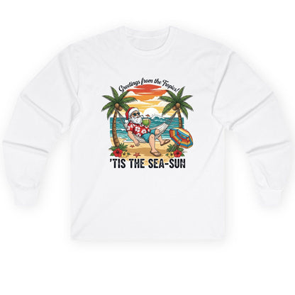 Greetings from the Tropics 'Tis the Sea-Sun santa claus on a tropical vacation Long Sleeve Tee White product mockup