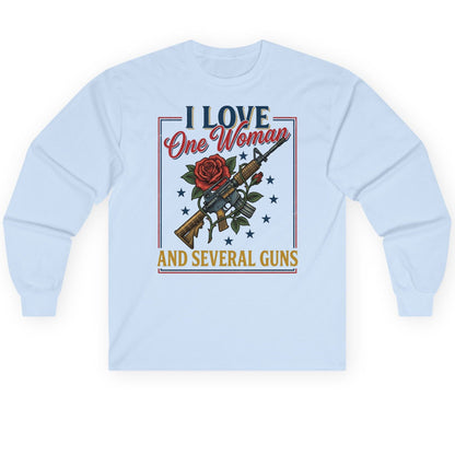 I LOVE One Woman AND Several GUNS Funny Pro-Gun Long Sleeve Tee - product mockup - Light Blue