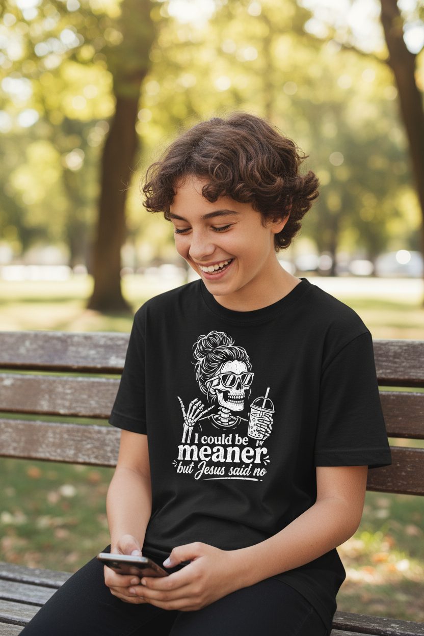 I Could Be Meaner but Jesus Said No Youth T-Shirt - lifestyle model mockup - Black