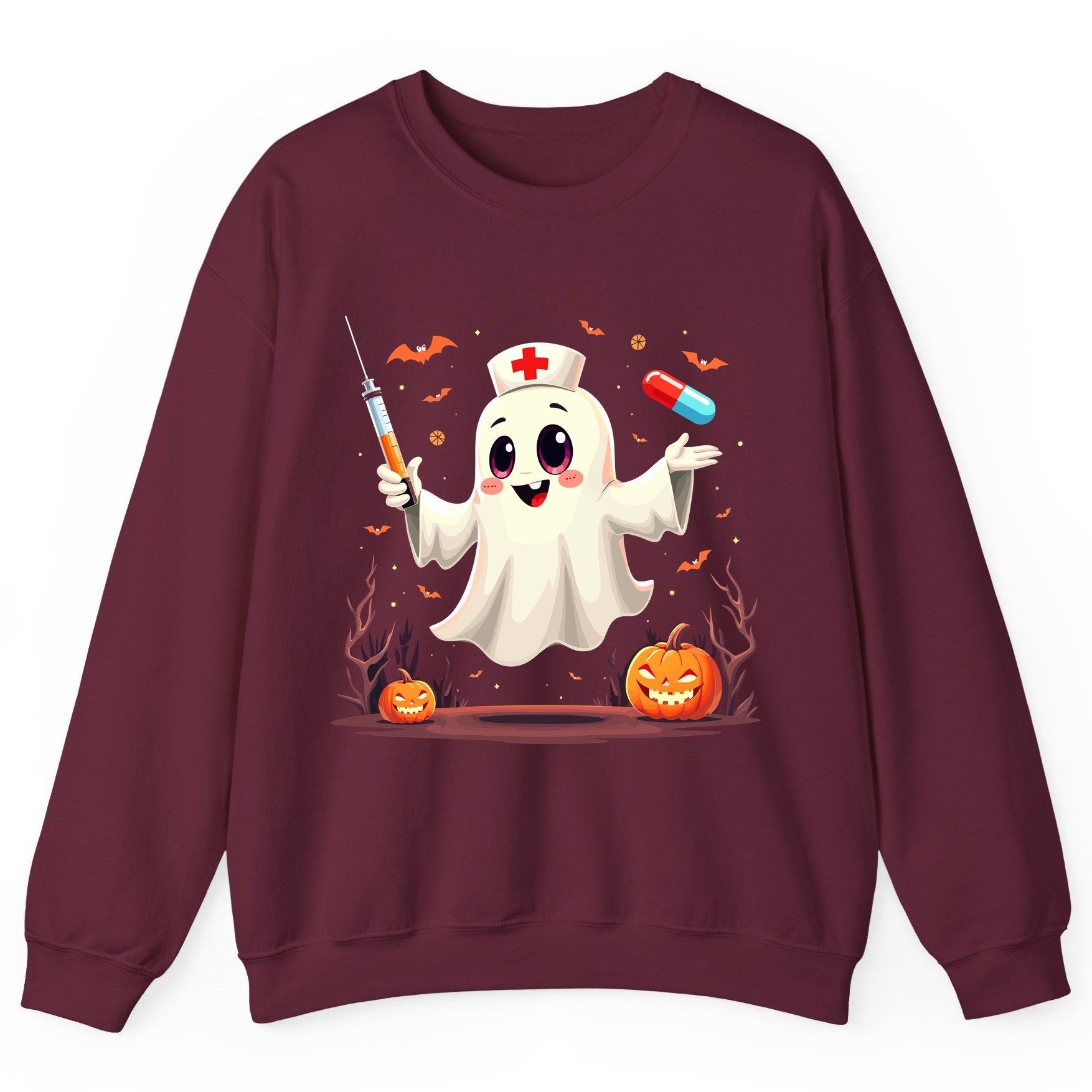 Cute Ghost Nurse Halloween ghost nurse Sweatshirt Maroon product mockup