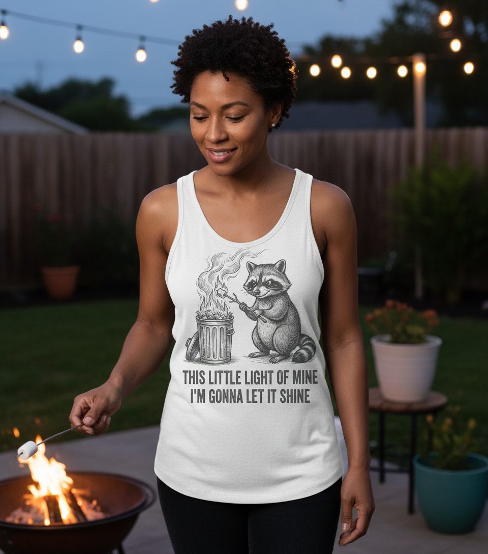 THIS LITTLE LIGHT OF MINE I'M GONNA LET IT SHINE Raccoon Tank Top White lifestyle mockup