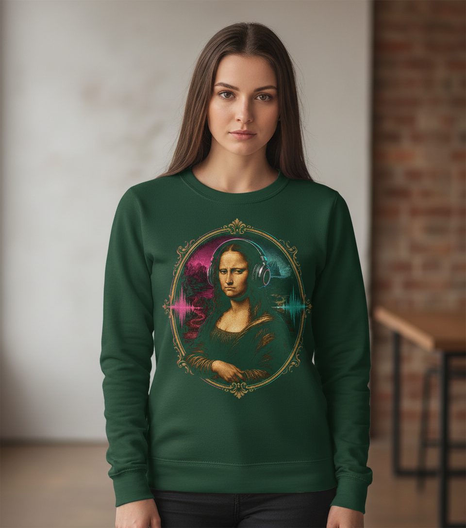Dj Mona Lisa Art Parody Funny Lovers Sweatshirt - product mockup - Forest Green