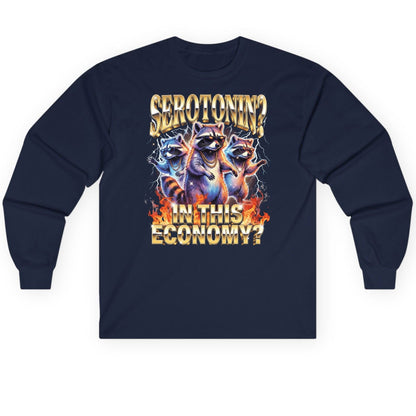 Serotonin in This Economy? raccoon Long Sleeve Tee Navy product mockup