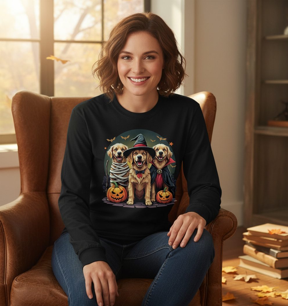 Golden Retriever Halloween Trio golden retriever Long Sleeve Tee Black lifestyle mockup