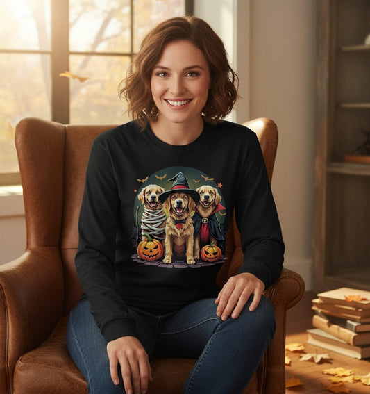 Golden Retriever Halloween Trio golden retriever Long Sleeve Tee Black lifestyle mockup