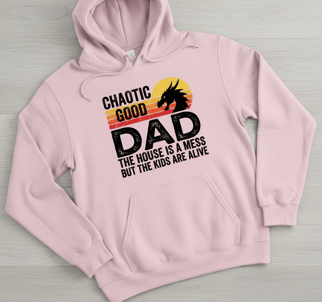 CHAOTIC GOOD DAD THE HOUSE IS A MESS BUT THE KIDS ARE ALIVE Funny Chaotic Good Dad Dragon Hoodie - product mockup - Light Pink