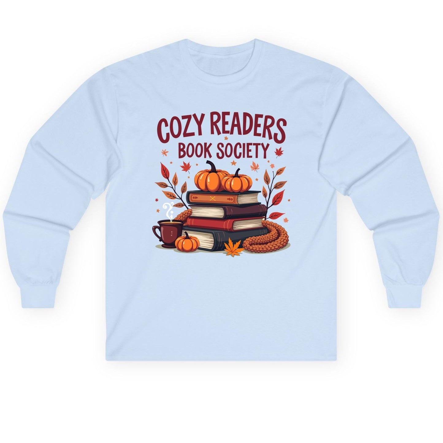 Cozy Readers Book Society reading Long Sleeve Tee Light Blue product mockup