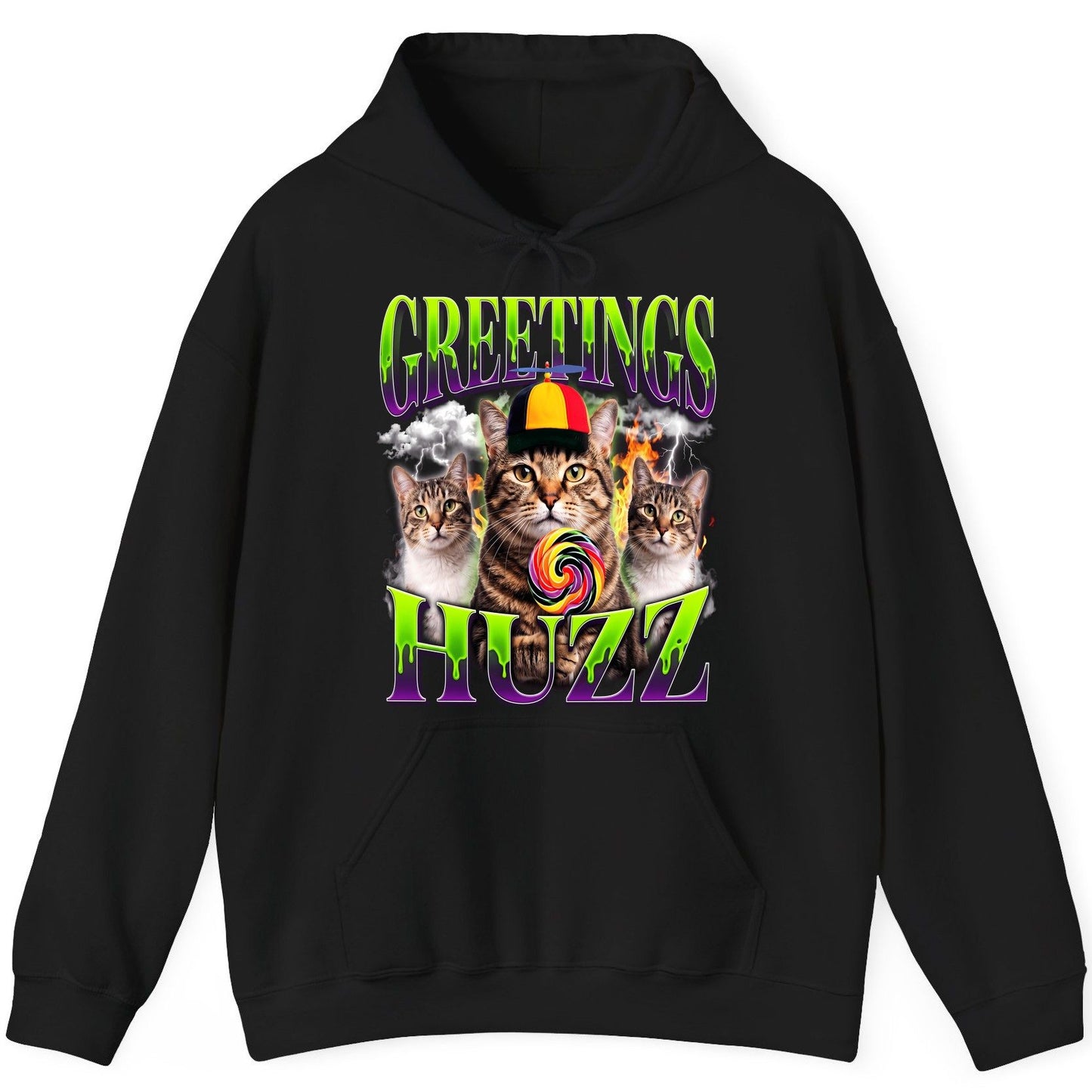 Greetings HUZZ Funny Cat Hoodie - product mockup - Black