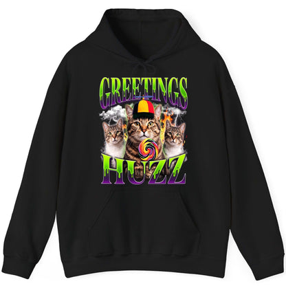 Greetings HUZZ Funny Cat Hoodie - product mockup - Black