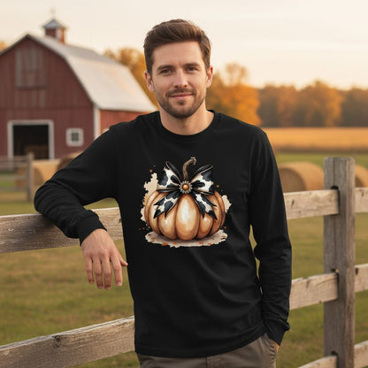Cow Print Bow Pumpkin pumpkin Long Sleeve Tee Black lifestyle mockup