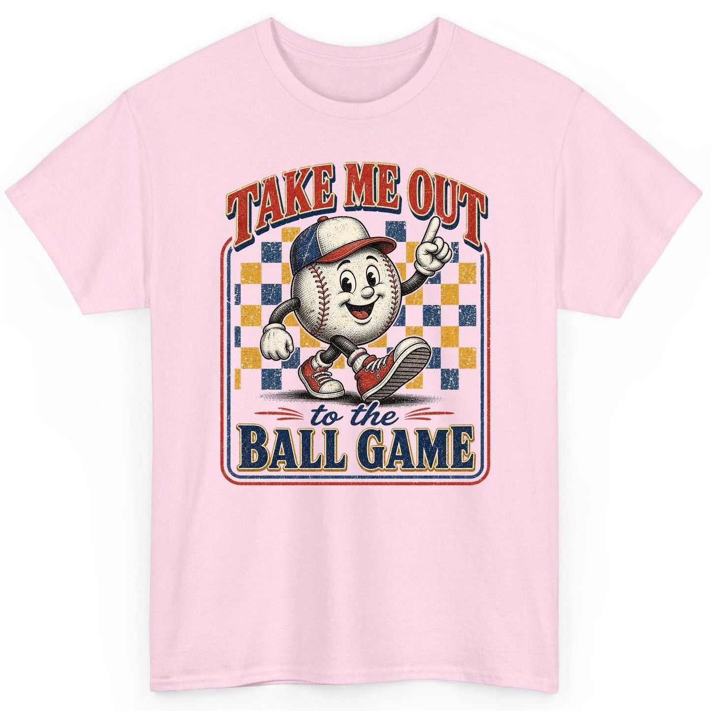 Take Me Out to the Ball Game Retro Baseball T-Shirt - product mockup - Light Pink
