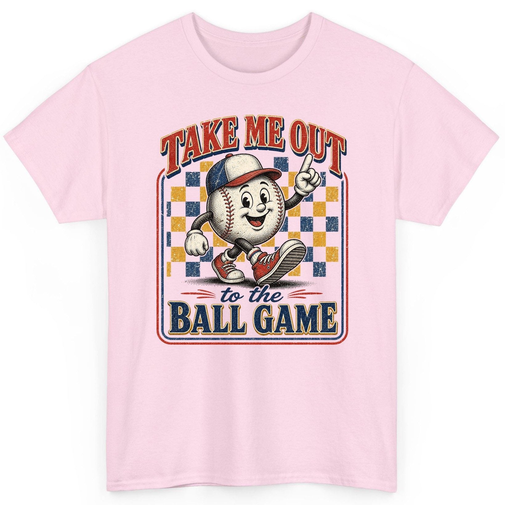 Take Me Out to the Ball Game Retro Baseball T-Shirt - product mockup - Light Pink
