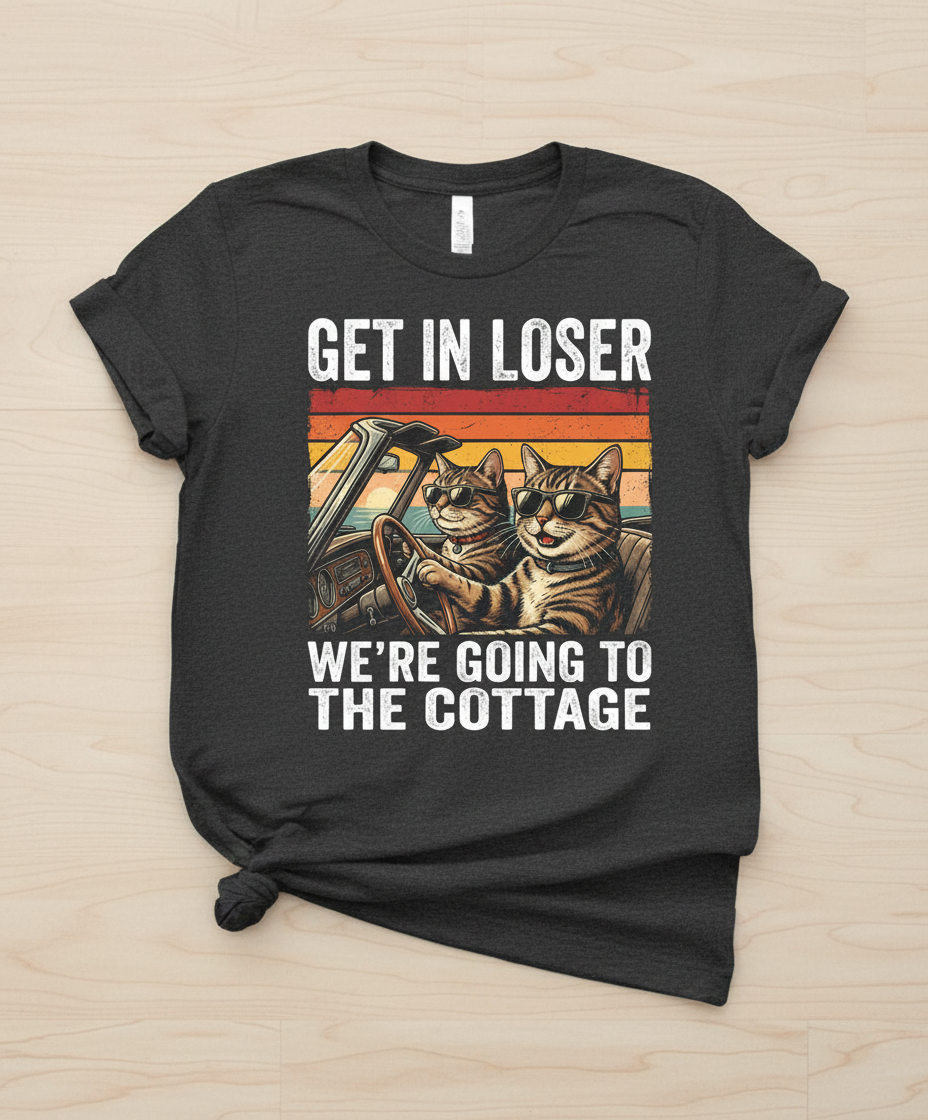 Get In Loser We're Going To The Cottage Funny Cat Meme T-Shirt - Dark Heather