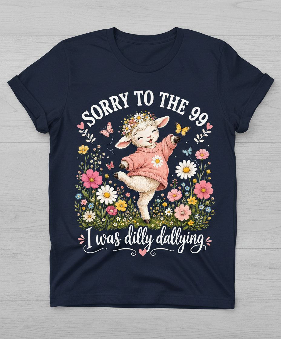 Cute Dilly Dallying Lamb "Sorry To The 99" Funny Design T-Shirt - Navy