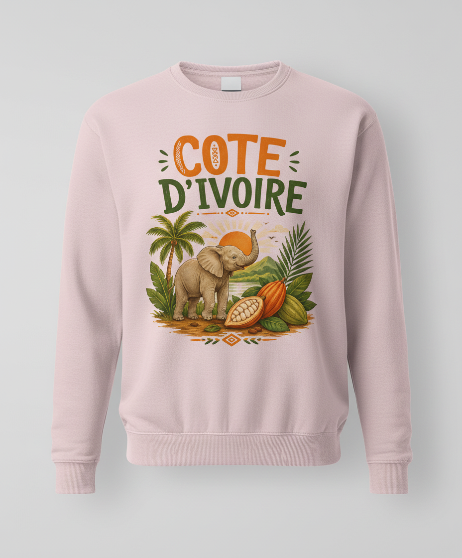 Cote D'Ivoire Elephant Travel Art Sweatshirt - product mockup - White