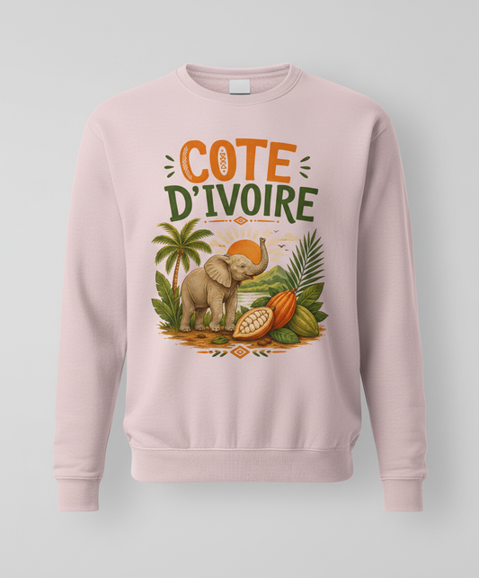 Cote D'Ivoire Elephant Travel Art Sweatshirt - product mockup - White