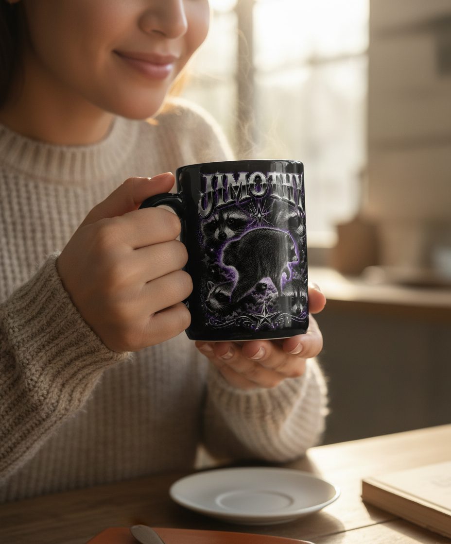 Jimothy Funny Raccoon Black Mug - lifestyle model mockup - Black