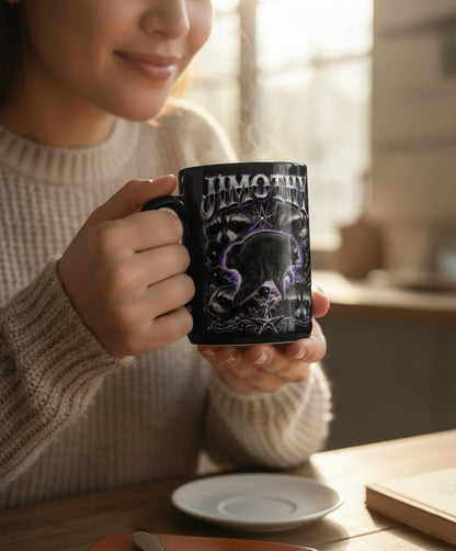 Jimothy Funny Raccoon Black Mug - lifestyle model mockup - Black