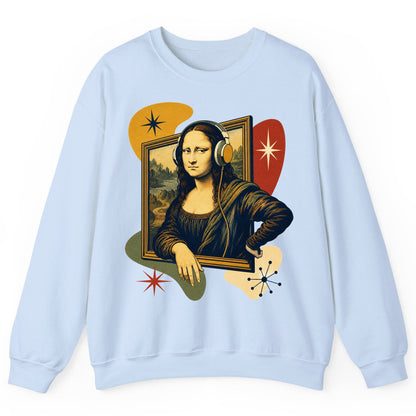 Retro Mona Lisa with Headphones Funny Art Lovers Sweatshirt - product mockup - Light Blue