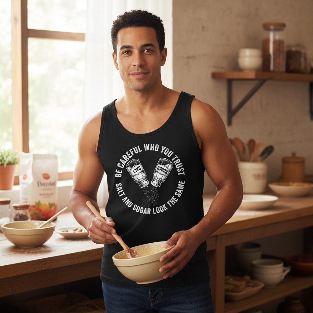 BE Careful WHO YOU TRUST SALT AND SUGAR LOOK THE SAME Tank Top - lifestyle model mockup - Black