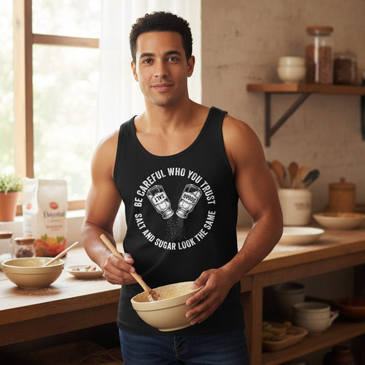 BE Careful WHO YOU TRUST SALT AND SUGAR LOOK THE SAME Tank Top - lifestyle model mockup - Black
