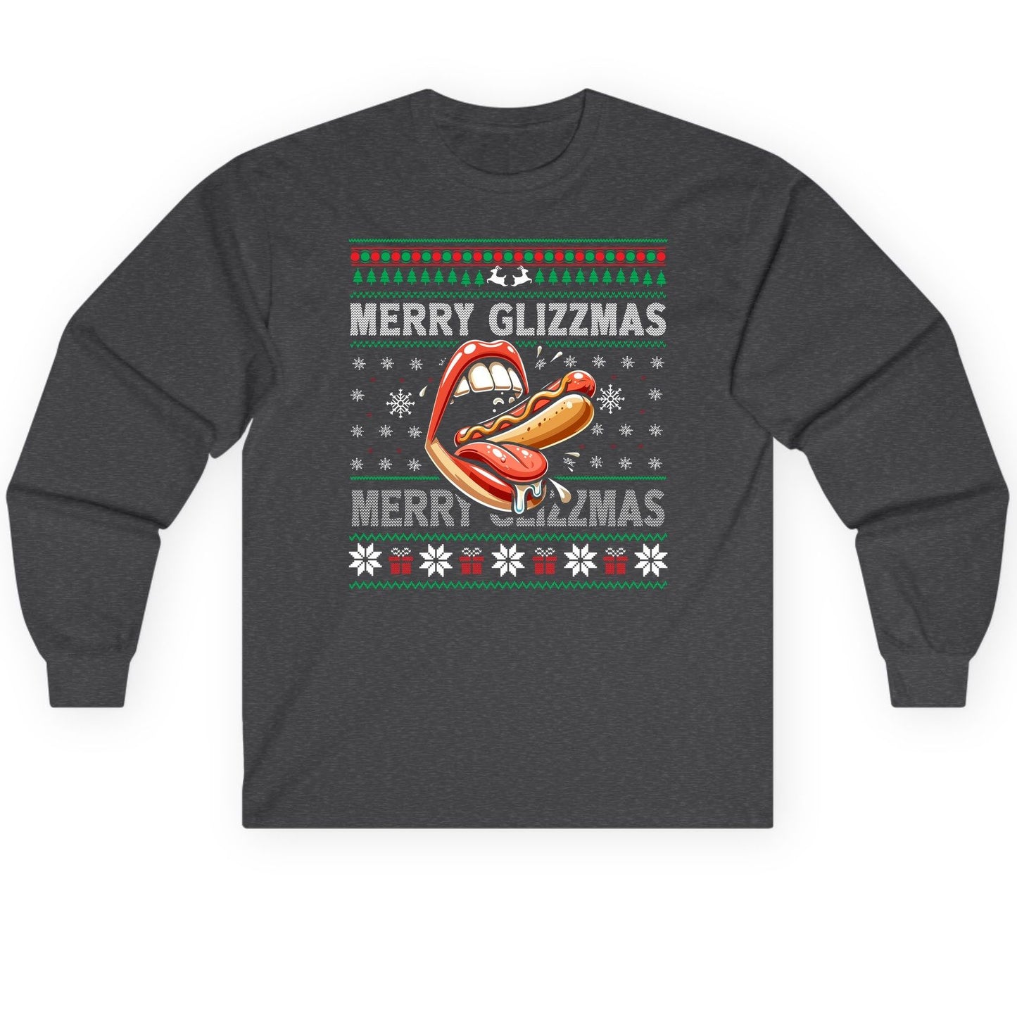 Merry Glizzzmas hot dog Long Sleeve Tee Dark Heather product mockup